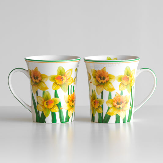 2 x Yellow Daffodil Floral Welsh Wales Mugs Cups Hot Drinks Tea Coffee Chocolate