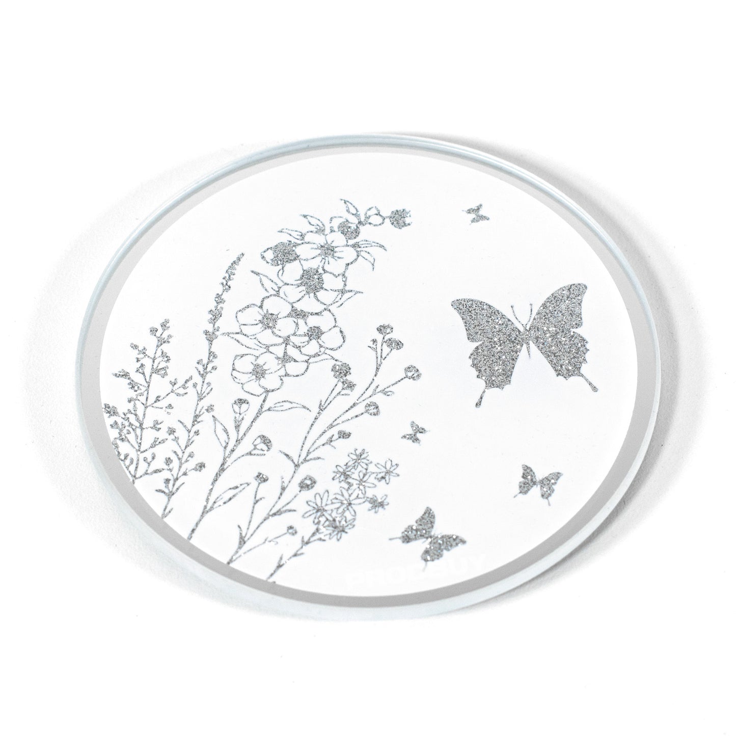 Set of 4 Round 10cm Mirrored Glass Crushed Diamond Floral Butterfly Coasters