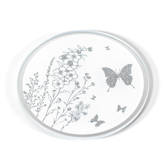 Set of 6 Round 10cm Mirrored Glass Crushed Diamond Floral Butterfly Coasters