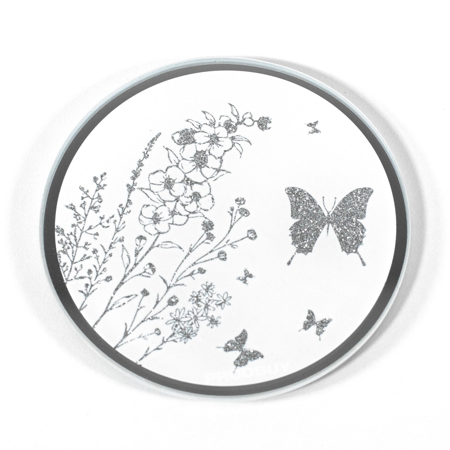 Set of 4 Round 10cm Mirrored Glass Crushed Diamond Floral Butterfly Coasters