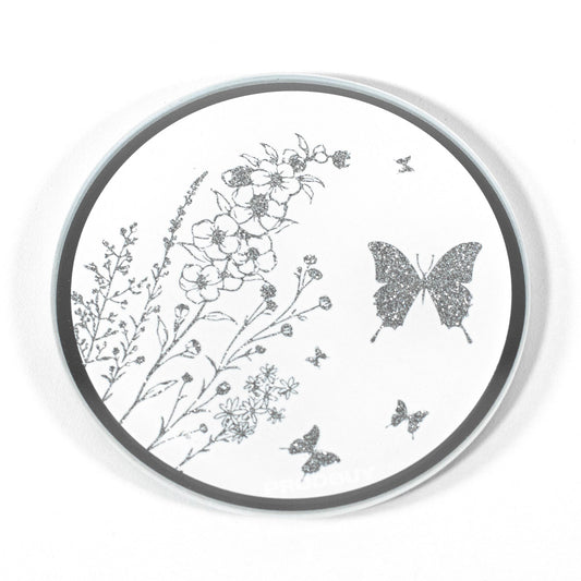 Set of 6 Round 10cm Mirrored Glass Crushed Diamond Floral Butterfly Coasters