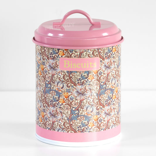 William Morris Golden Lily Biscuit Storage Tin with a Pink Lid