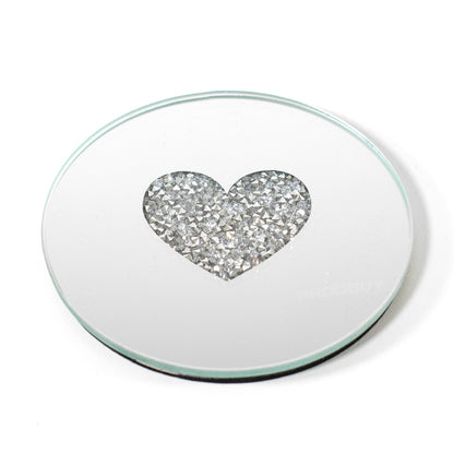 Set of Round 10cm Mirrored Glass Crushed Diamond Heart Coasters