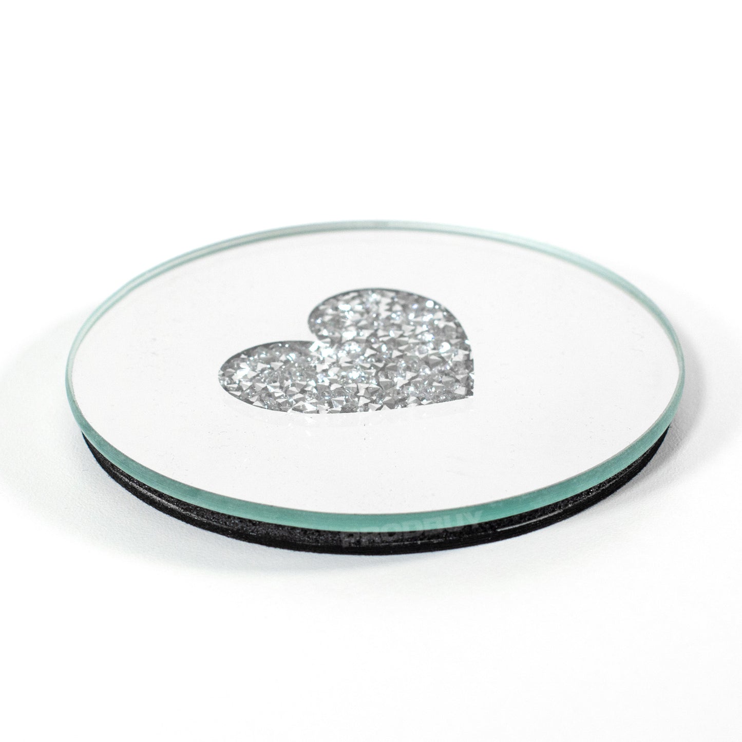 Set of Round 10cm Mirrored Glass Crushed Diamond Heart Coasters