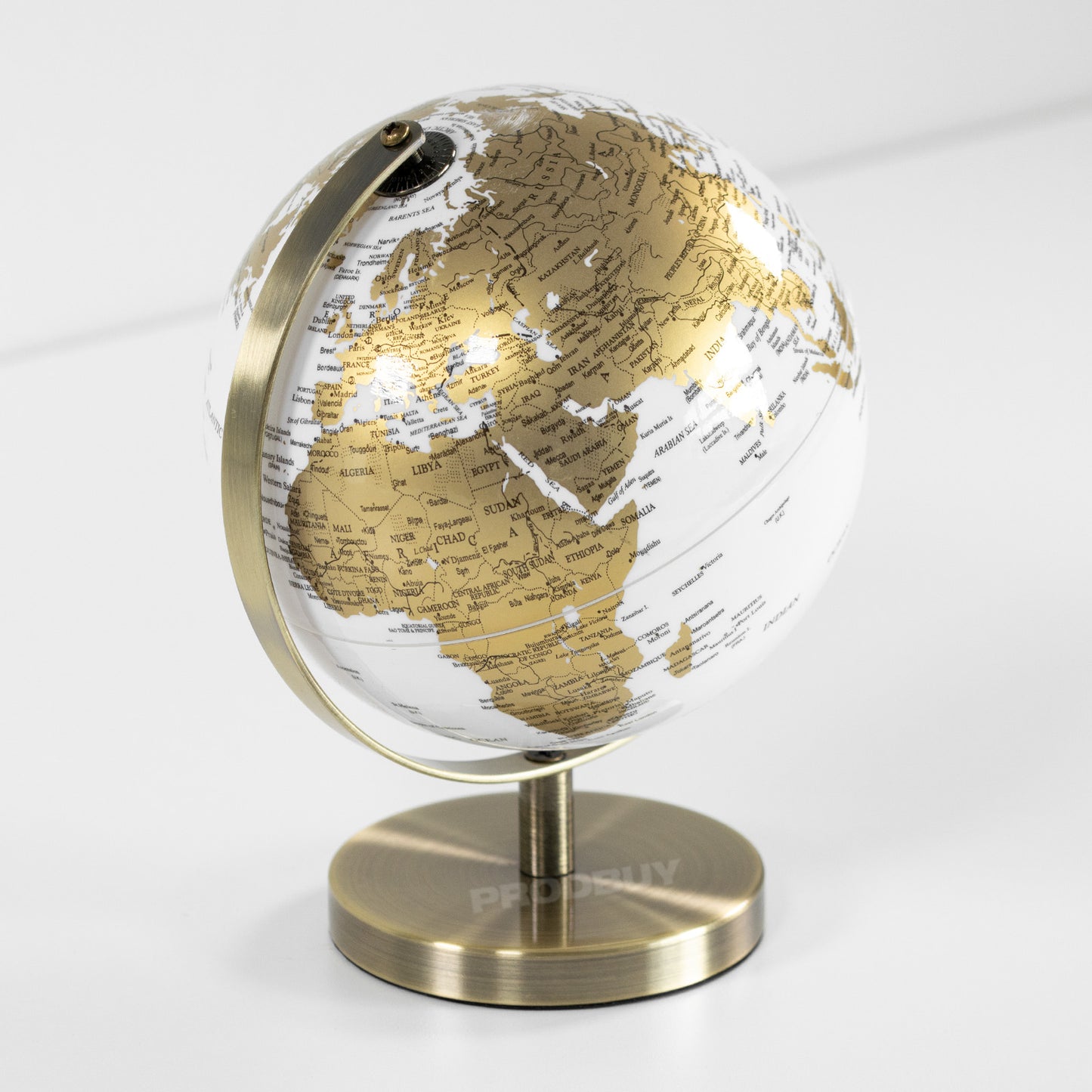 Small White Globe with Gold Markings World Map Atlas