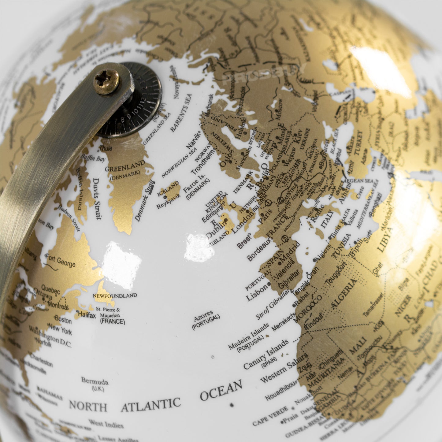 Small White Globe with Gold Markings World Map Atlas