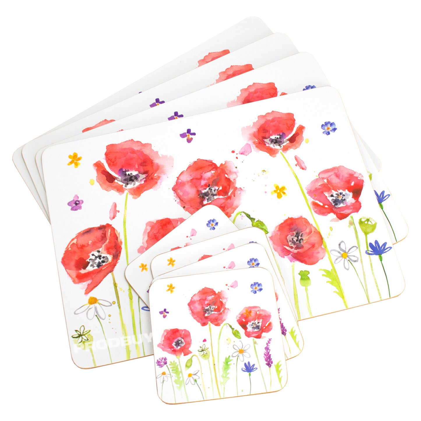 Set of Poppies 4 Placemats and 4 Coasters