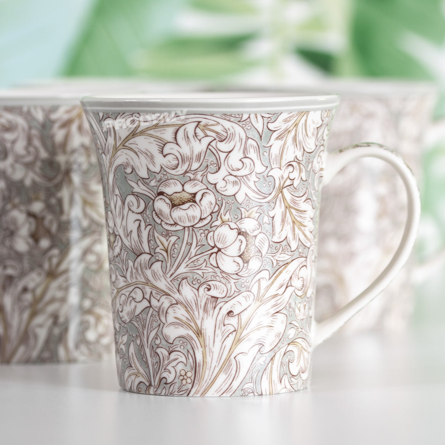 Set of 4 William Morris Bachelor's Button Fine China Grey Floral Mugs