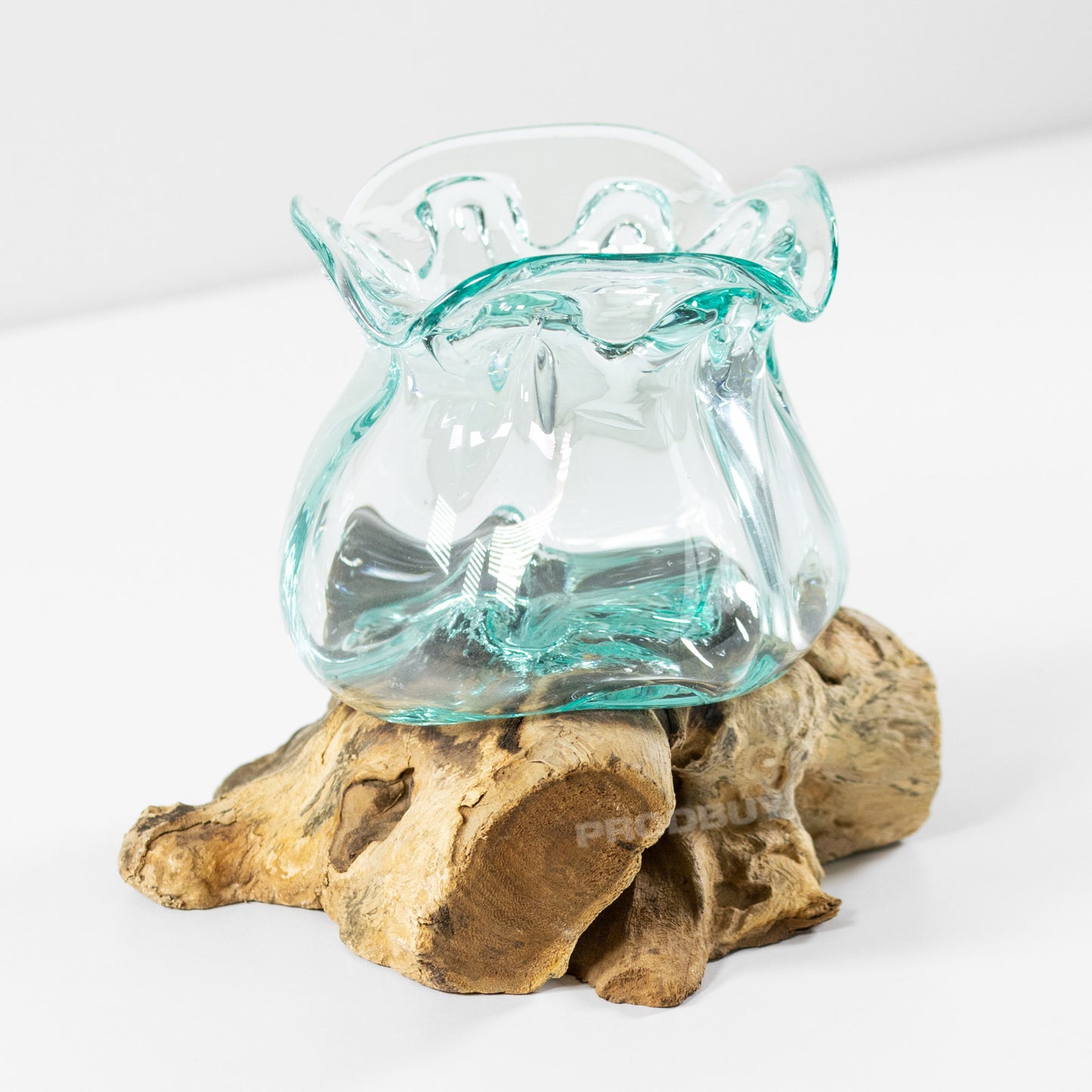 Crinkled Molten Glass Jar on Root Teak Wood Hand Made Plant Pot Storage Display Jar