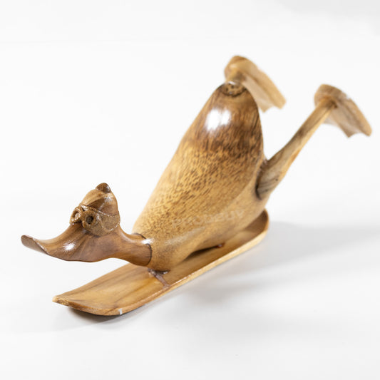 Teak Wood Duck on Snowboard Sculpture