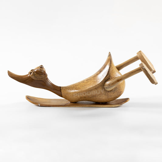 Teak Wood Duck on Snowboard Sculpture