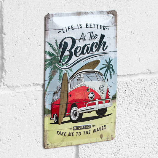 'Life Is Better At The Beach' 30cm Metal Garage Wall Sign VW Camper Van Tin Plaque