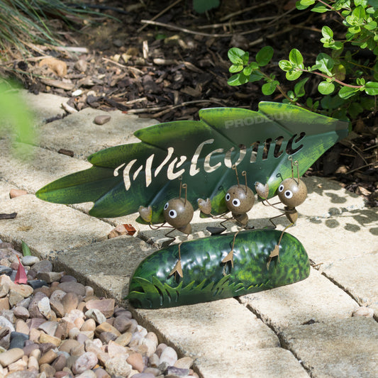 Ants Welcome Leaf Sign Small Metal Garden Ornament Decoration