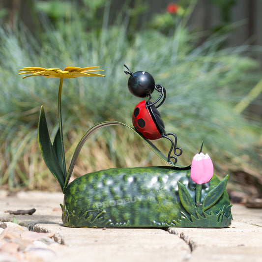 Ladybird On Leaf Slide Small Metal Garden Ornament Decoration