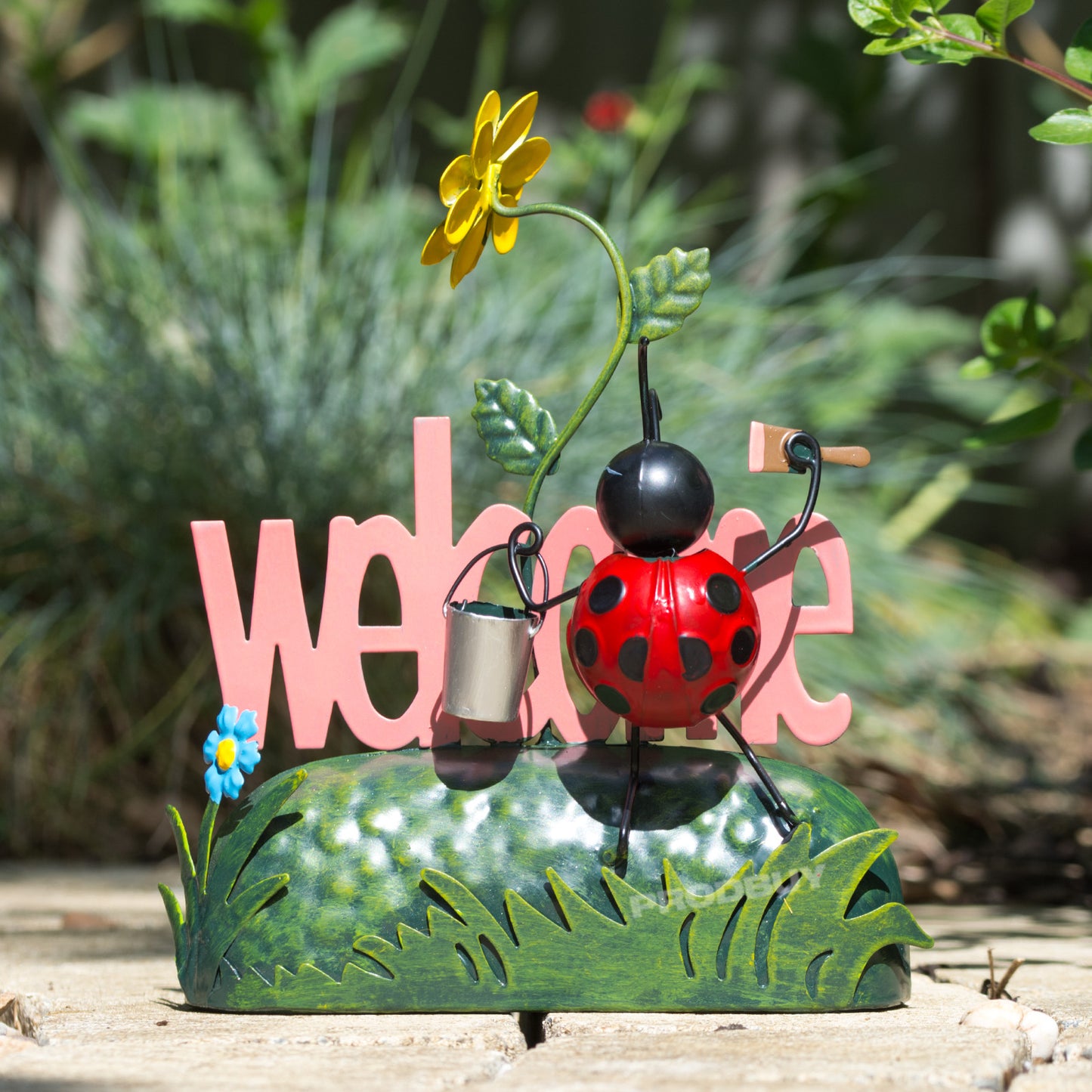 Ladybird Painting Welcome Sign Small Metal Garden Ornament Decoration