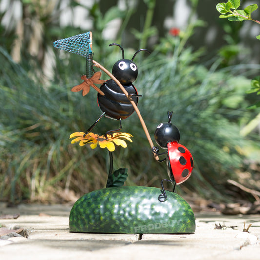 Ladybirds Catching Dragonfly Small Metal Garden Ornament Decoration