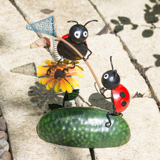 Ladybirds Catching Dragonfly Small Metal Garden Ornament Decoration