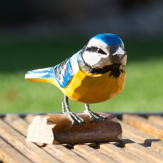 Small Hand Carved Wooden Blue Tit Bird Ornament