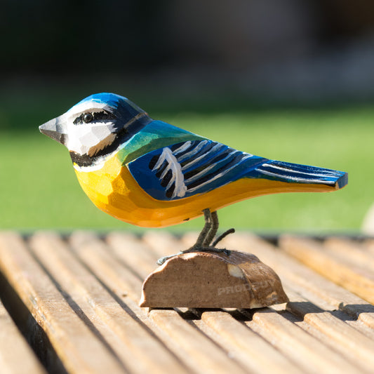 Small Hand Carved Wooden Blue Tit Bird Ornament
