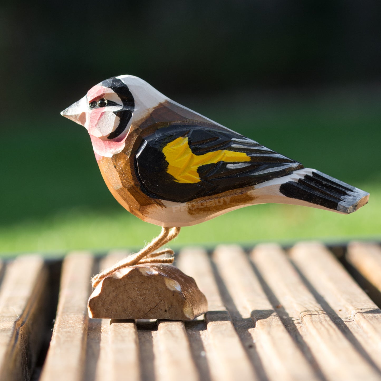 Small Hand Carved Wooden Goldfinch Bird Ornament
