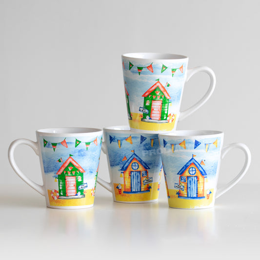 Set of 4 Nauticial Beach Hut Mugs - Equal Mix of Colours