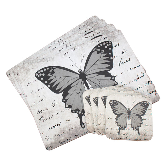 Set of 4 Cork Backed Grey Butterfly Place Mats and Coasters