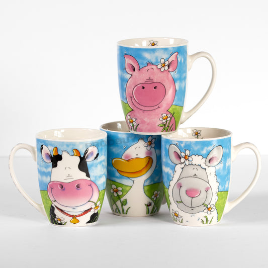 Set of 4 Cartoon Farm Animals Coupe Mugs