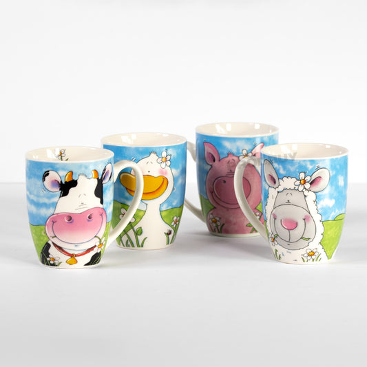 Set of 4 Cartoon Farm Animals Coupe Mugs