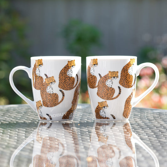 Set of 2 Coffee Mugs 11oz White Fine Porcelain with Cheetah Pattern