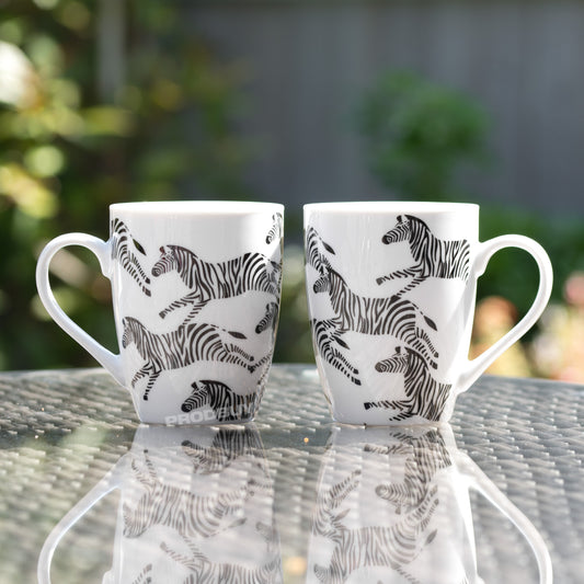 Set of 2 Coffee Mugs 11oz White Fine Porcelain with Zebra Pattern