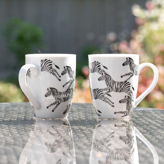 Set of 2 Coffee Mugs 11oz White Fine Porcelain with Zebra Pattern