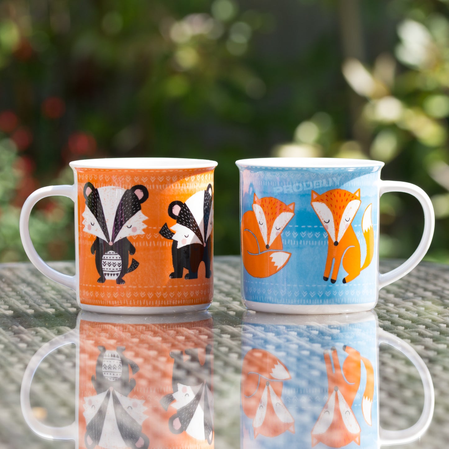 Set of 2 Coffee Mugs 13oz Fine China Cups with Cute Fox & Badger Designs