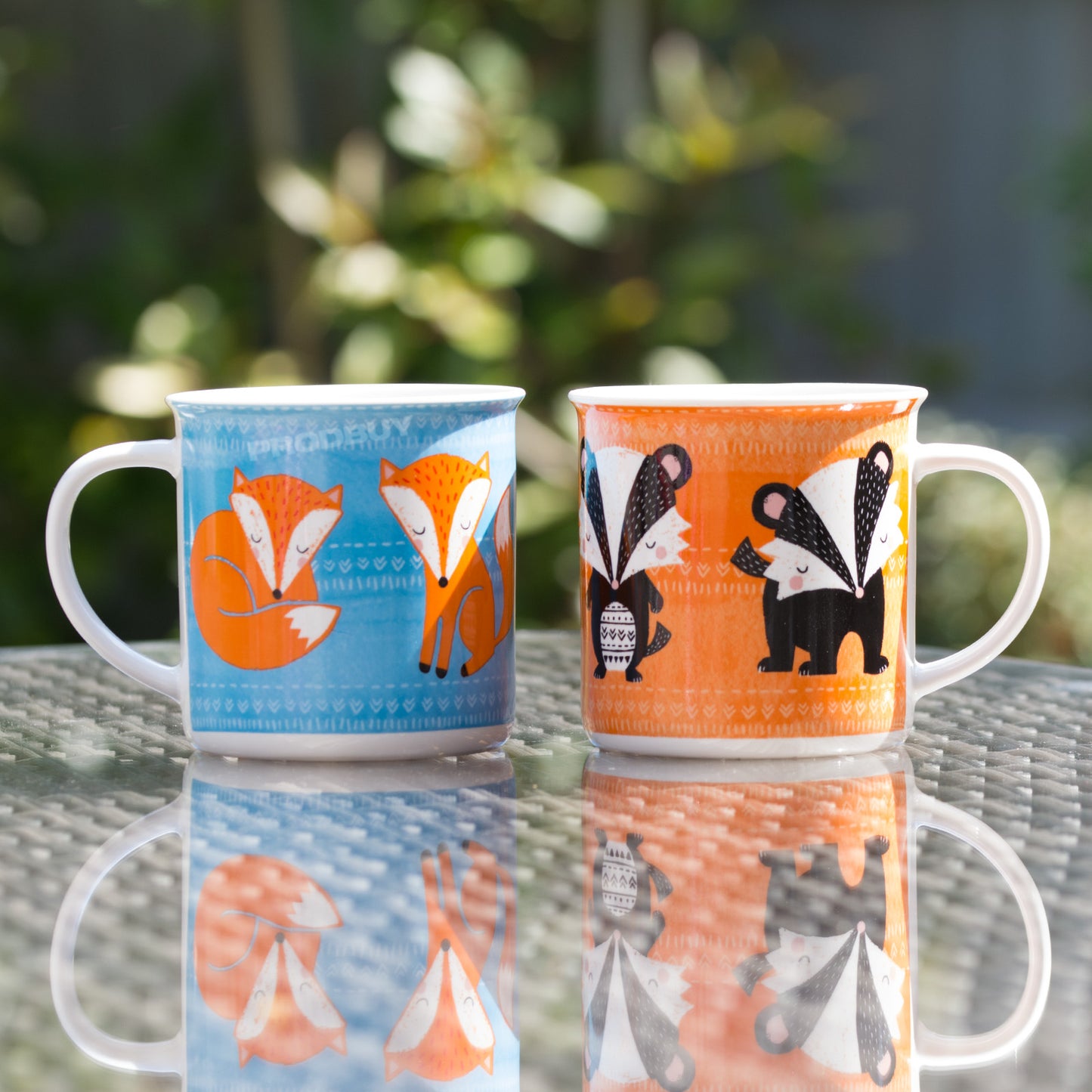 Set of 2 Coffee Mugs 13oz Fine China Cups with Cute Fox & Badger Designs