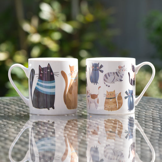 Set of 2 Cute Cat 10oz Fine China Coffee Mugs