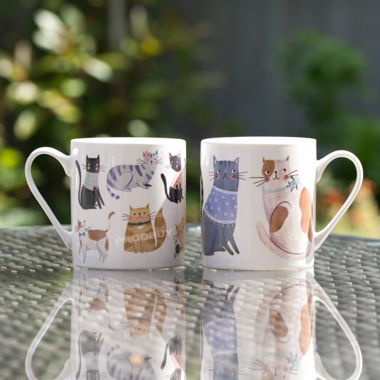 Set of 2 Cute Cat 10oz Fine China Coffee Mugs