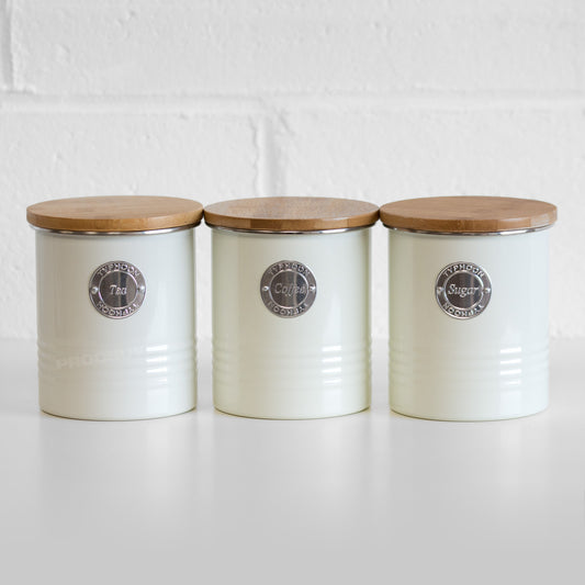 Set of 3 Retro Cream 'Tea Coffee Sugar' Storage Tins