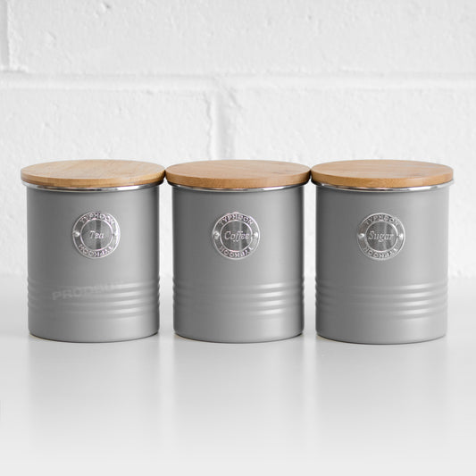 Set of 3 Retro Grey 'Tea Coffee Sugar' Storage Tins