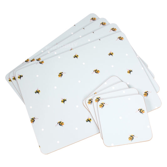 Set of 4 Placemats & 4 Coasters with Blue Bees Design