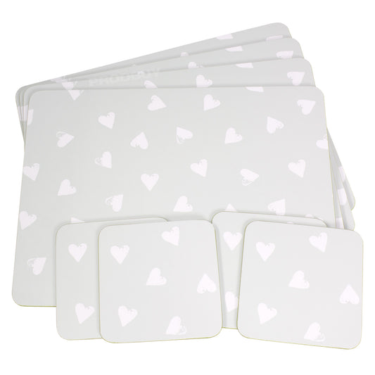 Set of 4 Placemats & 4 Coasters Grey & White Hearts