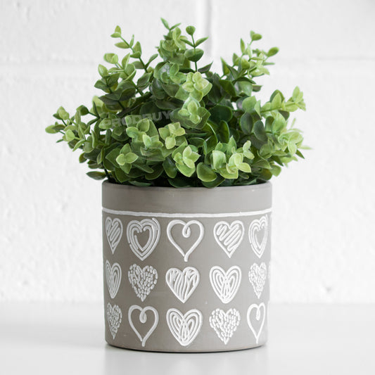 Grey Scribble Hearts Small 13cm Ceramic Round Indoor Plant Pot