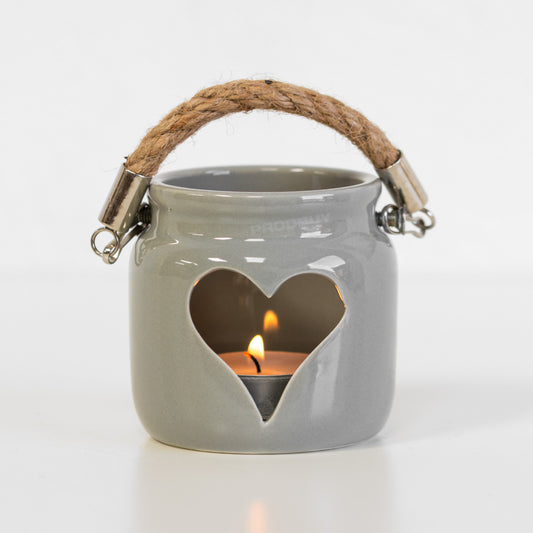 Grey Heart Ceramic Tea Light Candle Holder with Rope Handle