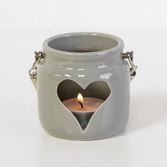 Grey Heart Ceramic Tea Light Candle Holder with Rope Handle