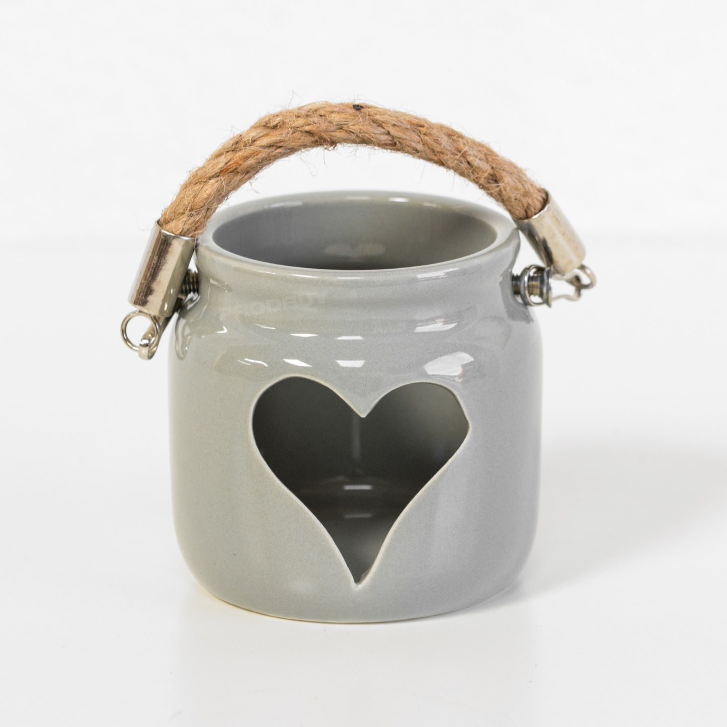 Grey Heart Ceramic Tea Light Candle Holder with Rope Handle