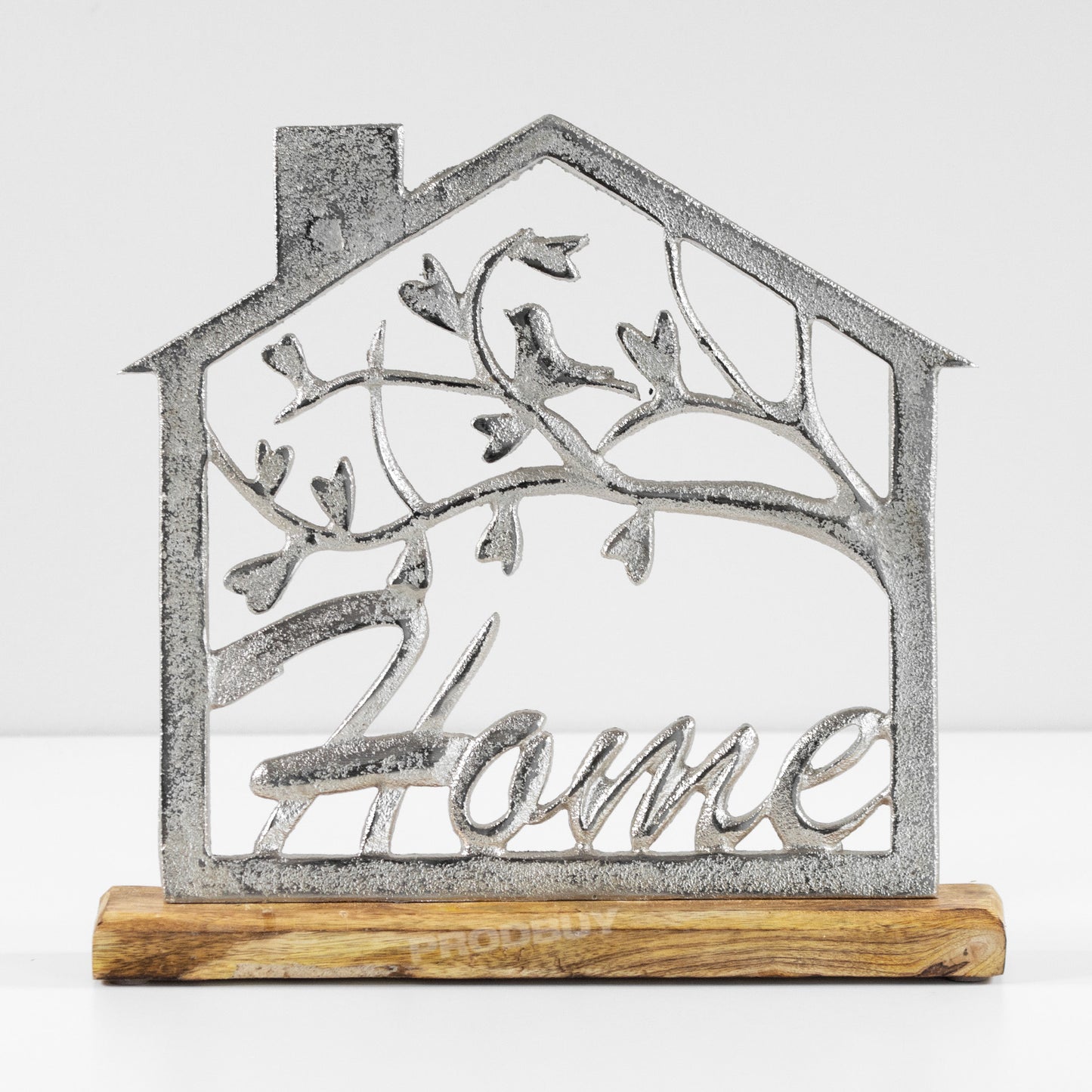 Silver Metal House Shaped "Home" Decoration with Mango Wood Base