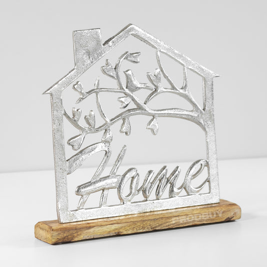 Silver Metal House Shaped "Home" Decoration with Mango Wood Base