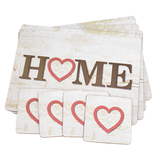 Set of 4 Placemats & Coasters with 'Home' Heart Design