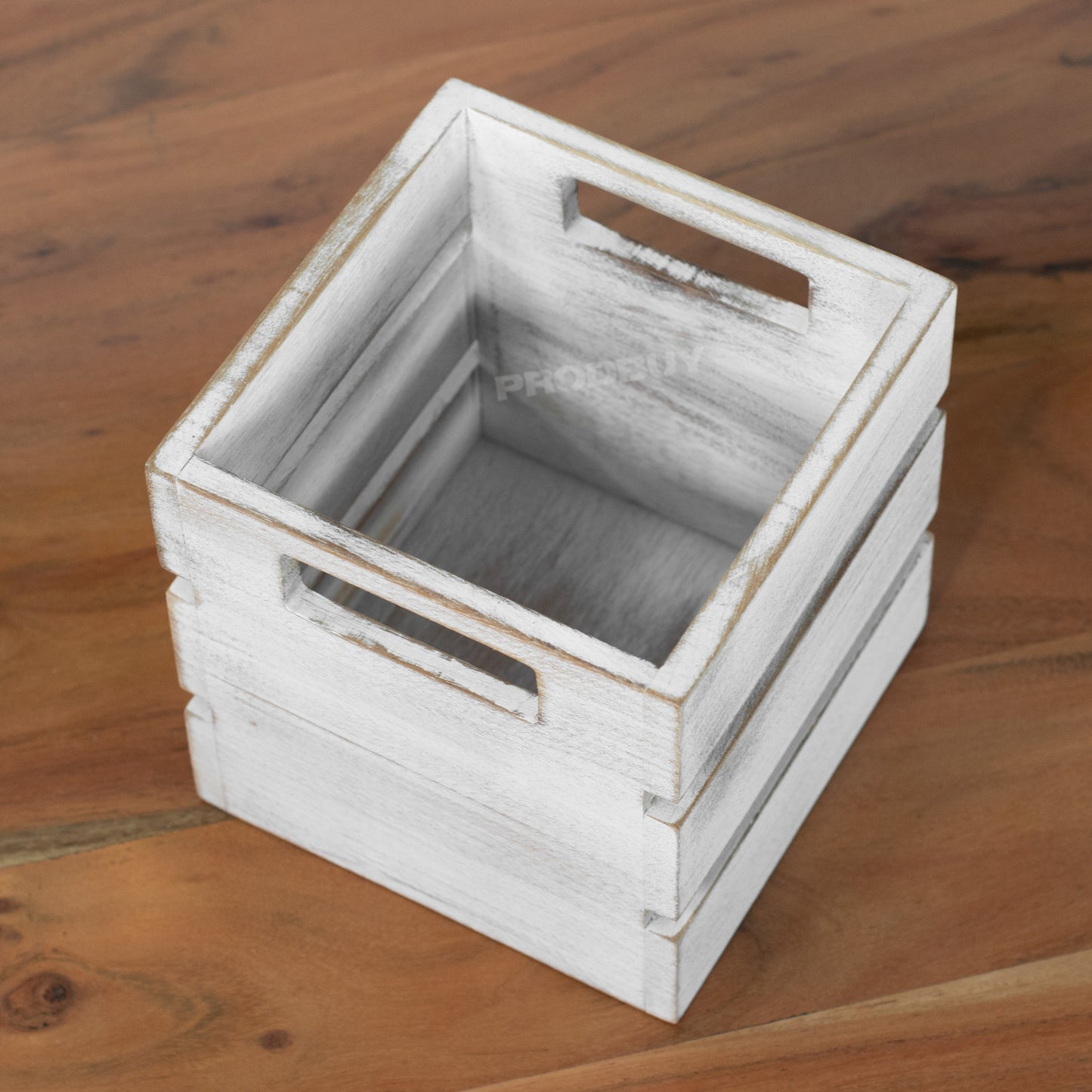 Brown White Washed Wooden Crate Storage Pot