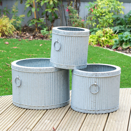 Set of 3 Round Metal Dolly Barrel Tubs Large Garden Planters