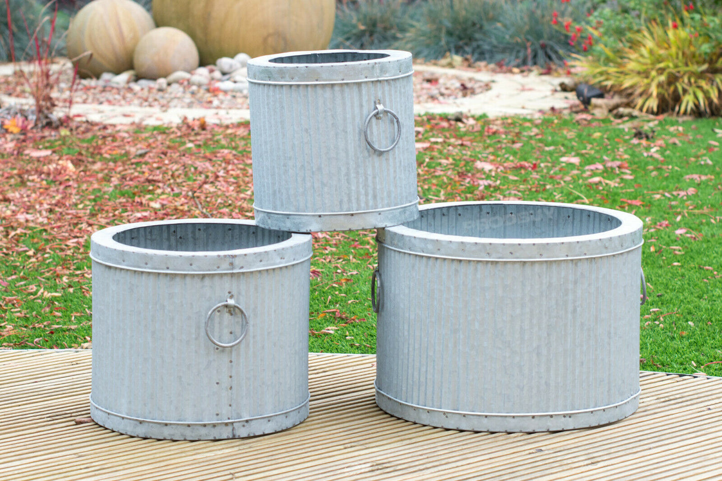 Set of 3 Round Metal Dolly Barrel Tubs Large Garden Planters