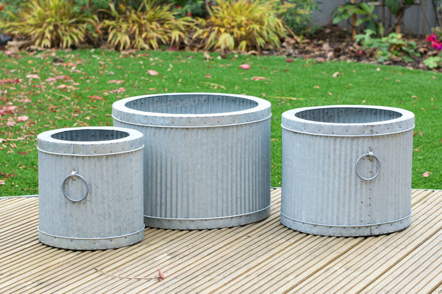 Set of 3 Round Metal Dolly Barrel Tubs Large Garden Planters